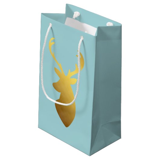 Aqua-und Imitat-Goldfolien-Rotwild-Kopf Kleine Geschenktüte (Rückseite Schrägansicht)