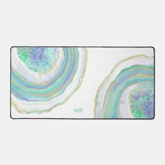 Aqua- und Lila Agate-Muster mit Monogramm Schreibtischunterlage (Vorderseite)
