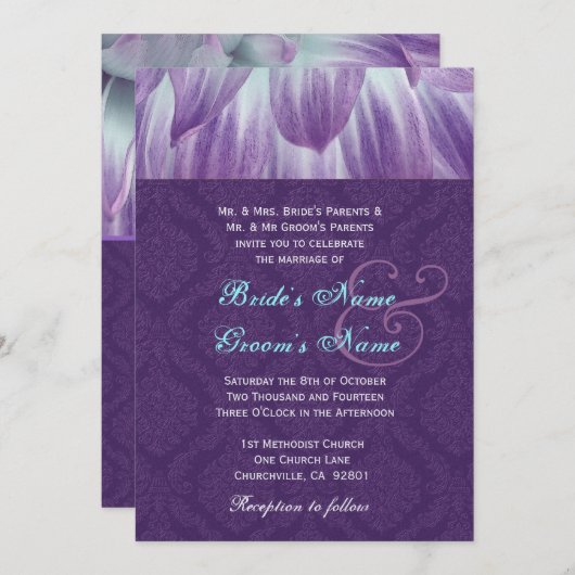 Aqua und Lila Blume Petals Hochzeitsmetalle Einladung (Vorne/Hinten)