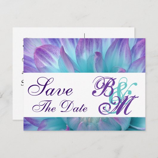Aqua und Lila Blume Petals Save the Date V2 Ankündigungspostkarte (Vorne/Hinten)