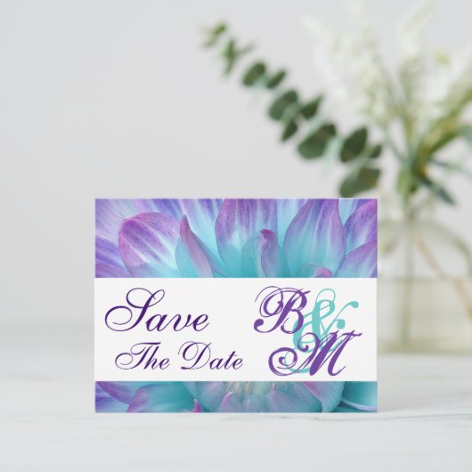 Aqua und Lila Blume Petals Save the Date V2 Ankündigungspostkarte (Stehend Vorderseite)