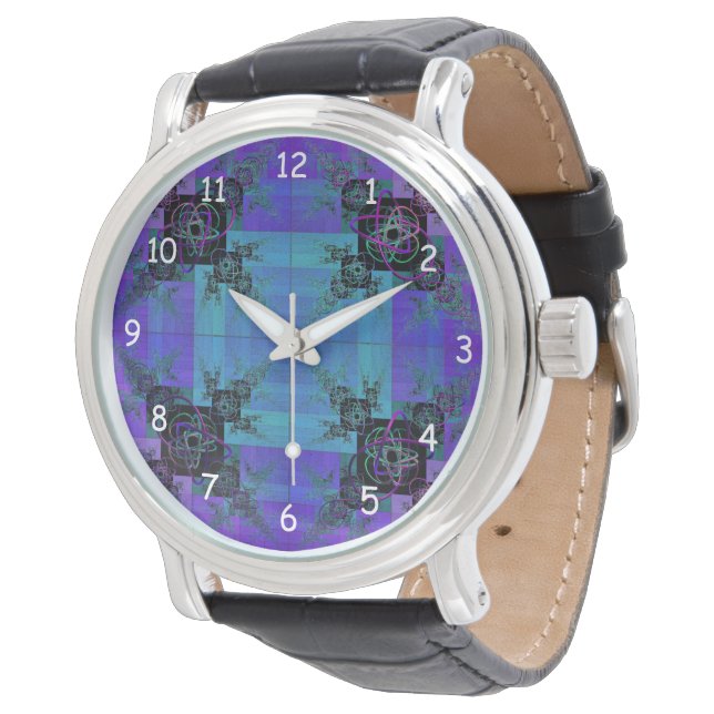 Aqua und Lilac Fraktal Joy Watch Armbanduhr (Schrägansicht)