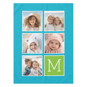 Aqua und Limette 5 Foto-Collage-Monogramm Tischdecke