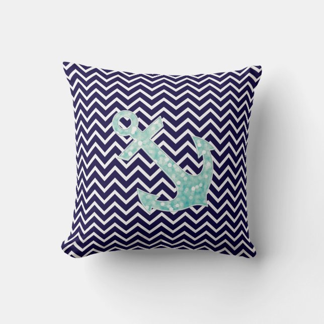 Aqua-und Marine-SeeGlitzer-Glitzern-Anker Kissen (Vorderseite)