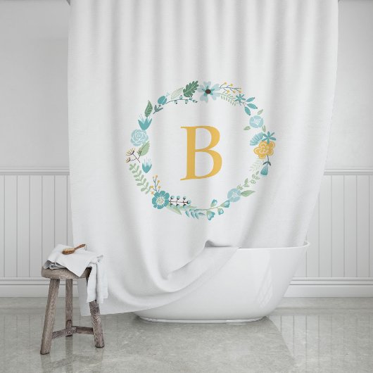 Aqua und Mit Monogramm gelber Blumenreath Duschvorhang