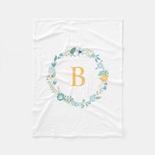 Aqua und Mit Monogramm gelber Blumenreath Fleecedecke (Vorderseite)