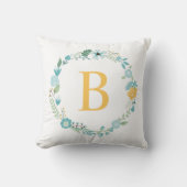 Aqua und Mit Monogramm gelber Blumenreath Kissen (Vorderseite)