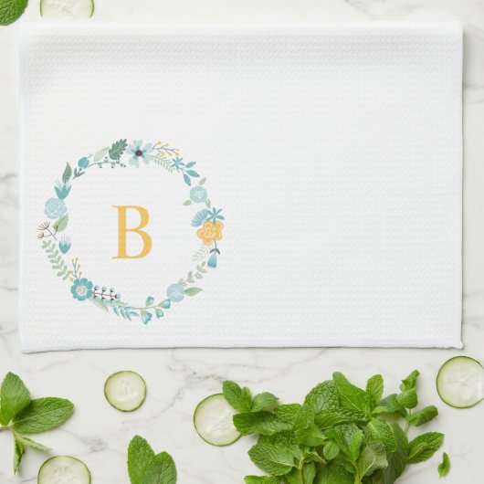 Aqua und Mit Monogramm gelber Blumenreath Küchentuch (Gefaltet)