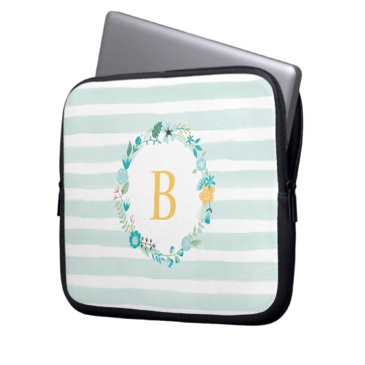 Aqua und Mit Monogramm gelber Blumenreath Laptopschutzhülle (Vorderseite Links)