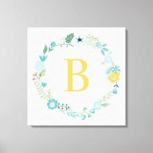 Aqua und Mit Monogramm gelber Blumenreath Leinwanddruck (Vorderseite)