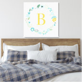 Aqua und Mit Monogramm gelber Blumenreath Leinwanddruck (Insitu (Schlafzimmer))