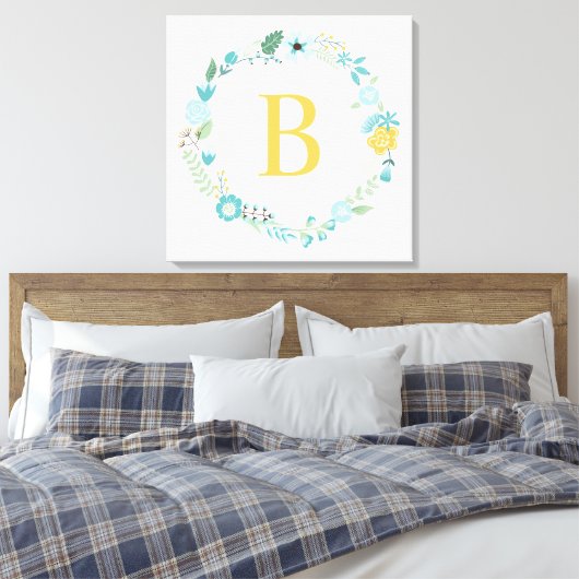 Aqua und Mit Monogramm gelber Blumenreath Leinwanddruck (Insitu (Schlafzimmer))