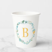 Aqua und Mit Monogramm gelber Blumenreath Pappbecher (Vorderseite)