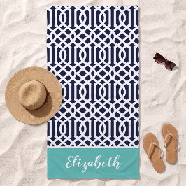Aqua und Navy Blau Gittermuster mit Monogramm Strandtuch