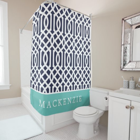 Aqua und Navy Blau Gittermuster Monogramm Duschvorhang (Beispiel)