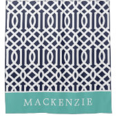 Aqua und Navy Blau Gittermuster Monogramm Duschvorhang (Vorderseite)