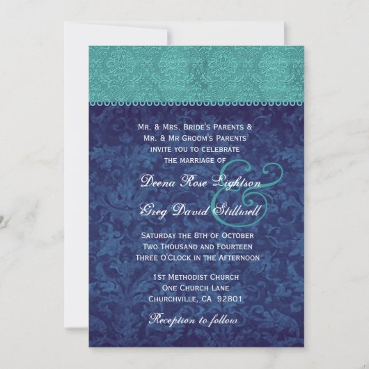 Aqua und Navy Blue Damask Two Tone Wedding V326 V2 Einladung (Vorderseite)