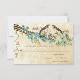 Aqua- und Navy-Kirschblüten-Vintage-Vogel-Hochzeit RSVP Karte