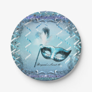 Aqua- und Purpur-Masquerade-Maske Elegante Ballpar Pappteller
