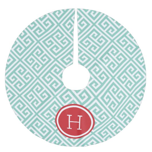 Aqua und Red Greece Key Monogram Polyester Weihnachtsbaumdecke (Vorderseite)