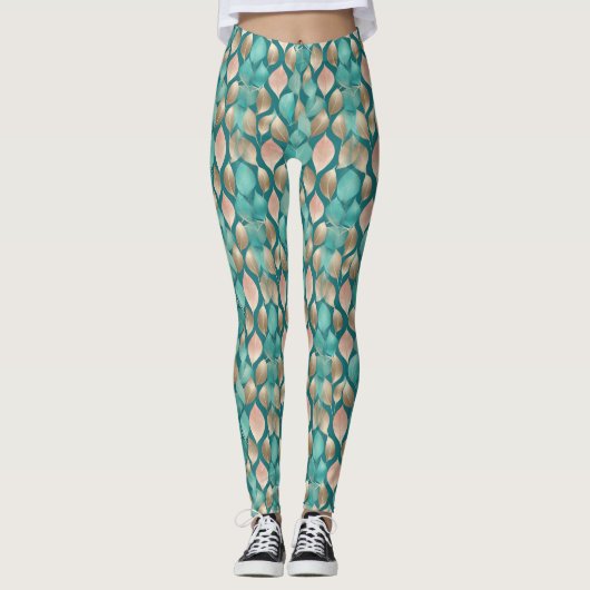 Aqua- und Rose-Gold-Blätter Leggings (Vorderseite)