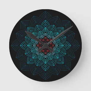 Aqua- und rote Blumenmandala Runde Wanduhr