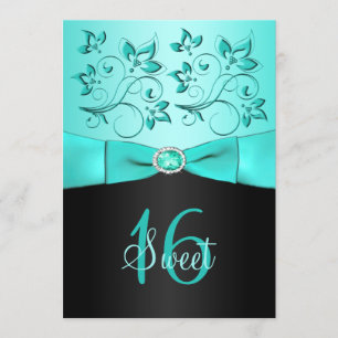 Aqua und Schwarz-Blumen16. Geburtstag-Einladung Einladung