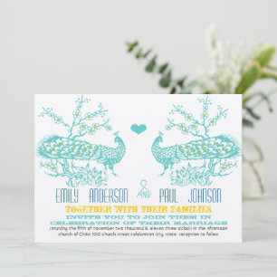 Aqua- und Senfgelb-Hochzeitskarten mit Pfau-Motiv Einladung