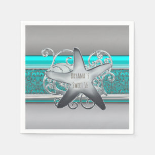 Aqua- und Silber-Seestern elegante Strandparty Serviette