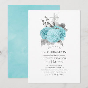 Aqua und Silber Vintage Shabby Rosen Konfirmation Einladung