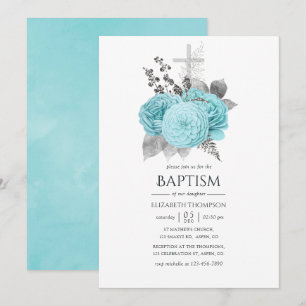 Aqua und Silber Vintage Shabby Rosen Taufe Einladung