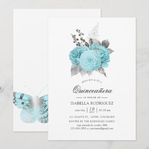 Aqua und Silber Vintage Shabby Roses Quinceañera Einladung
