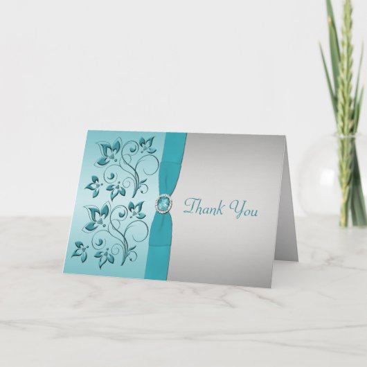 Aqua und Silver Floral Danke Karte (Vorderseite)