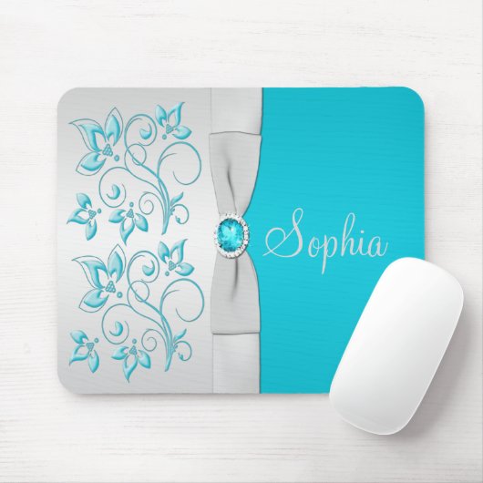 Aqua und Silver Floral Mousepad (Mit Mouse)