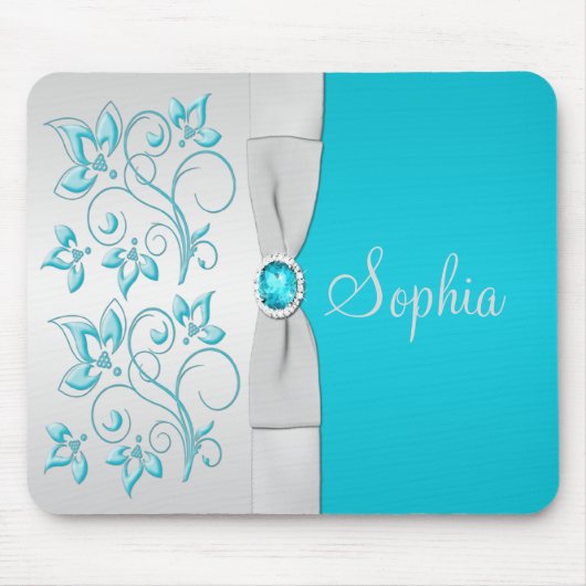 Aqua und Silver Floral Mousepad (Vorne)