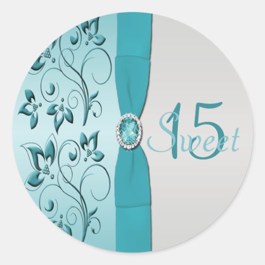 Aqua und Silver Floral Quinceanera Sticker (Vorderseite)