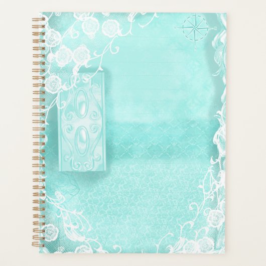 Aqua und Spitze im Stil eines Junk Journals Planer (Vorderseite)