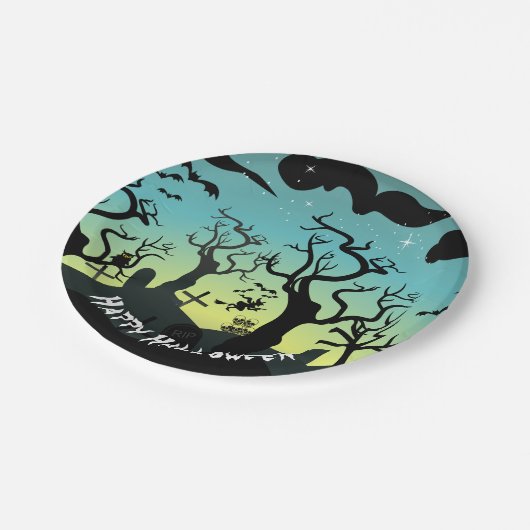 Aqua und Spuk Friedhof Halloween Pappteller (Schrägansicht)