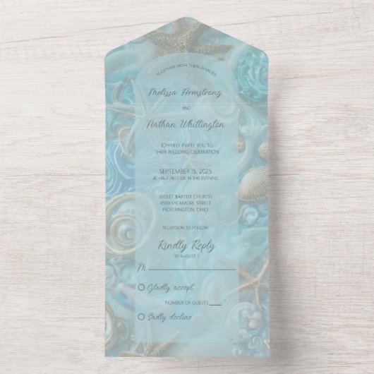 Aqua und Tan Muscheln & Starfish All In One Einladung (Innen Boden)