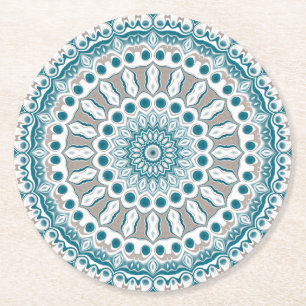 Aqua- und Taupe-Abstraktes Mandala-Muster Runder Pappuntersetzer
