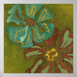 Aqua- und verbrannte orangefarbene Blumen auf grün Poster