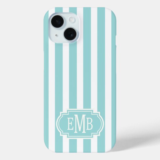 Aqua- und weiße monogrammierte Streifen Case-Mate iPhone Hülle (Rückseite)