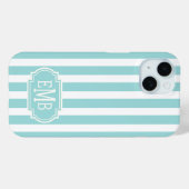 Aqua- und weiße monogrammierte Streifen Case-Mate iPhone Hülle (Rückseite (Horizontal))