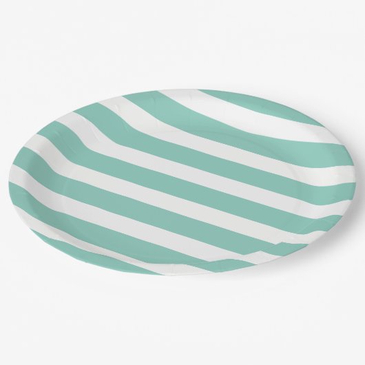Aqua und weiße Streifen Pappteller (Schrägansicht)