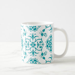 Aqua- und weißes florales Damastmuster Kaffeetasse