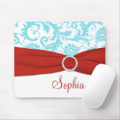 Aqua und White Damask, Imitate Rote Ribbon Mousepa Mousepad (Mit Mouse)