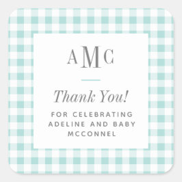 Aqua und White Gingham Monogram Vielen Dank Quadratischer Aufkleber