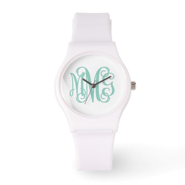 Aqua und White Preppy Script Monogram Armbanduhr (Vorderseite)