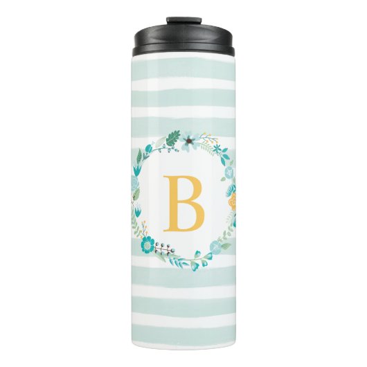 Aqua und Yellow Floral Monogramm Thermosbecher (Vorderseite)