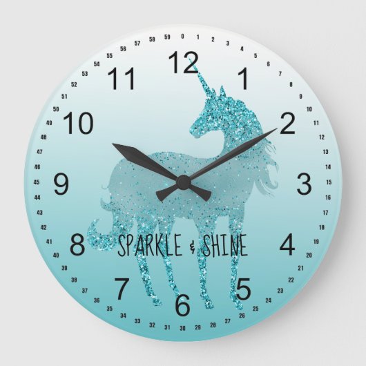 Aqua Unicorn Sparkle Große Wanduhr (Vorderseite)
